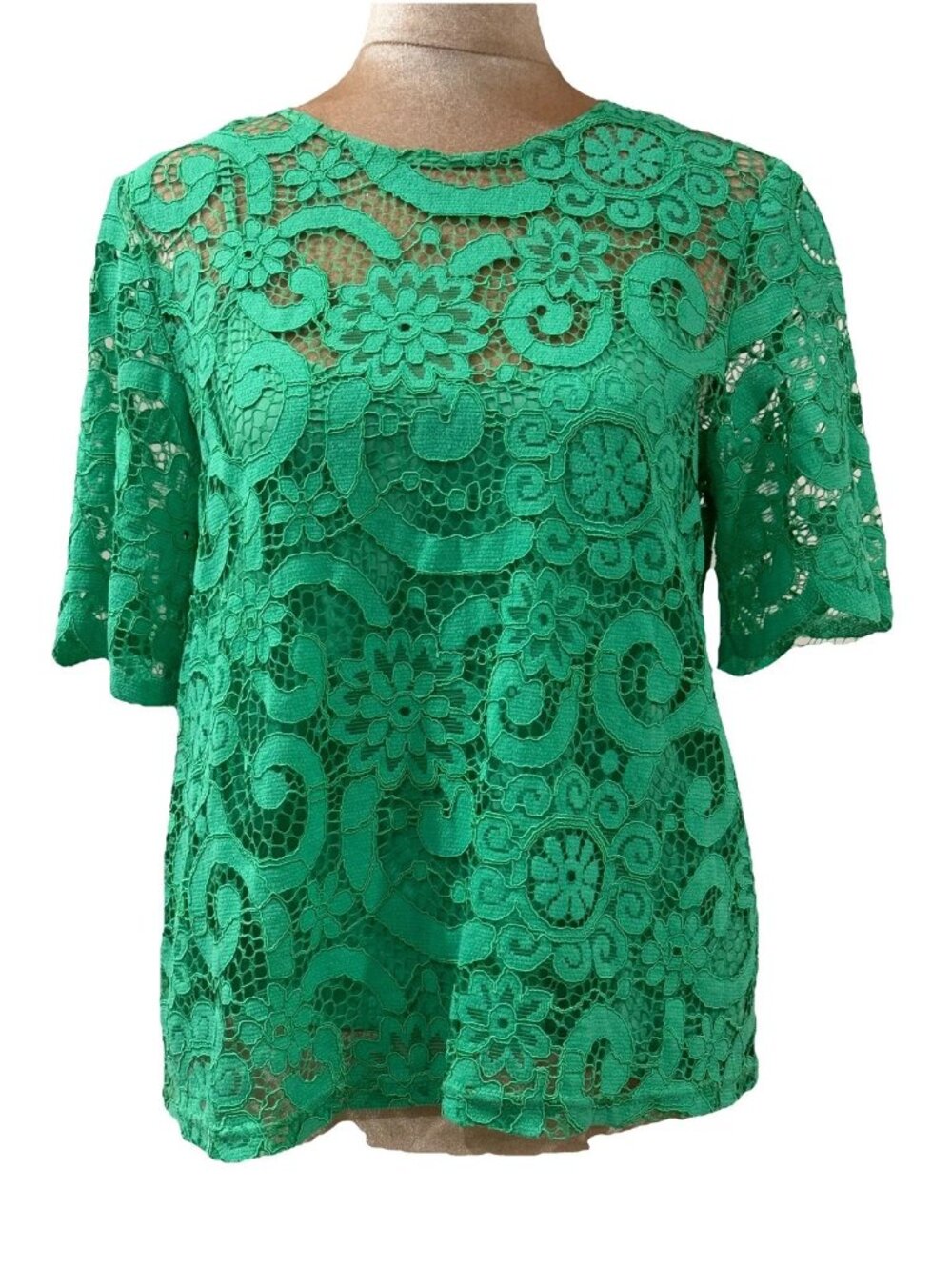 Nanette Lepore Emerald Green Lace Short Sleeve Bow Back Lined Blouse Top Small